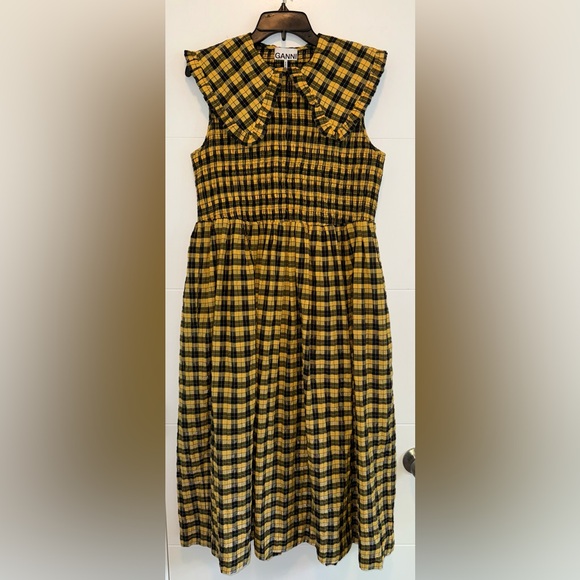 GANNI Collared Plaid Shirred Gingham Seersucker Yellow Maxi Midi Dress 36/ US 6 - Picture 6 of 8